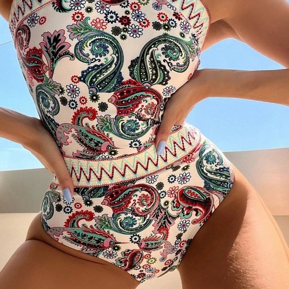Boho Paisley Chevron Stripe Tape High Neck One Piece Swimsuit - Picture 5 of 8